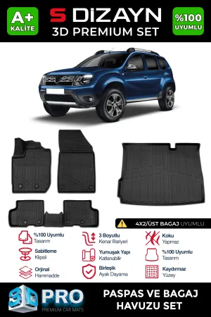 S-Dizayn Dacia Duster 4X2 3D Pro Havuzlu Paspas ve Üst Bagaj Havuzu Seti (2'li SET) 2018-2022 A+ Kalite thumb 1