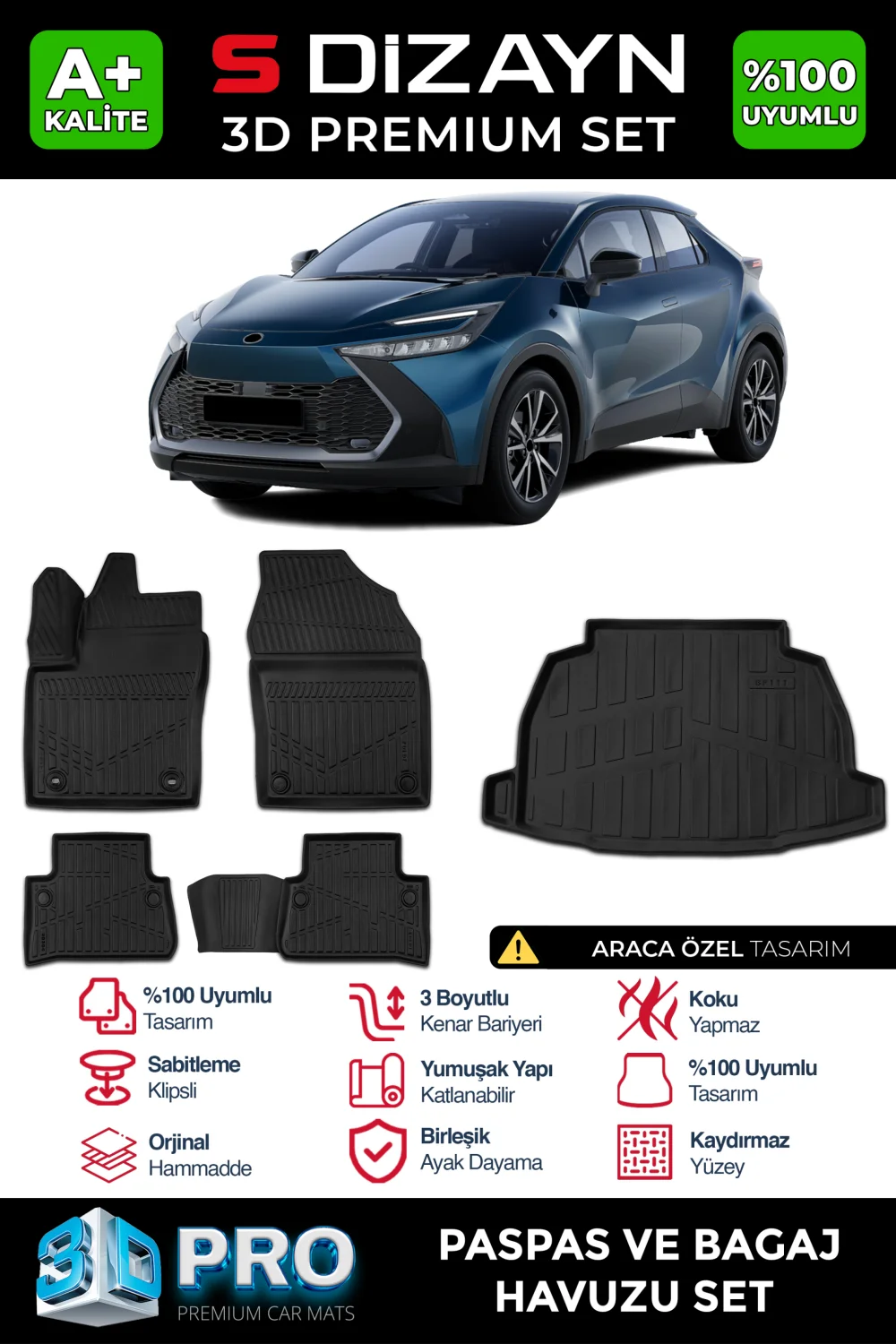 Drs Tuning Toyota C-HR 3D Pro Havuzlu Paspas ve Bagaj Havuzu Seti (2'li SET) 2023 Üzeri A+ Kalite