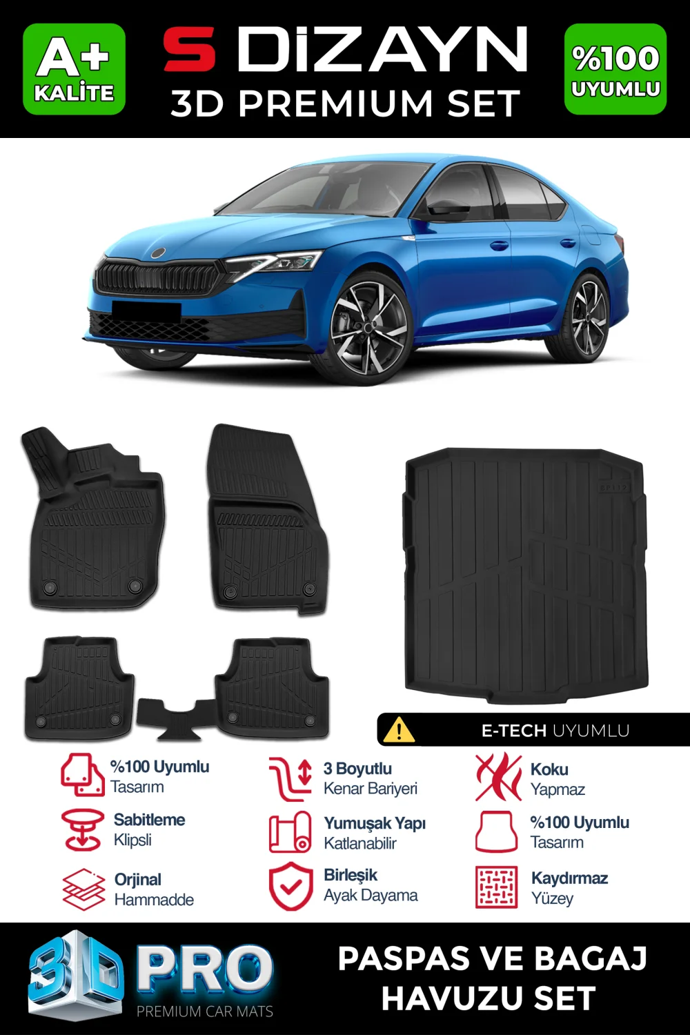 Drs Tuning Skoda Octavia 4 A8 E-Tech 3D Pro Havuzlu Paspas ve Bagaj Havuzu Seti (2'li SET) 2024 Üzeri A+ Kalite
