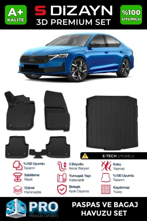 Skoda Octavia 2019-Günümüz (NX) uyumlu 4 A8 E-Tech 3D Pro Havuzlu Paspas ve Bagaj Havuzu (2'li SET) 2024 Üzeri A+ Kalite modelleri DRS Tuning'de. Kaliteli