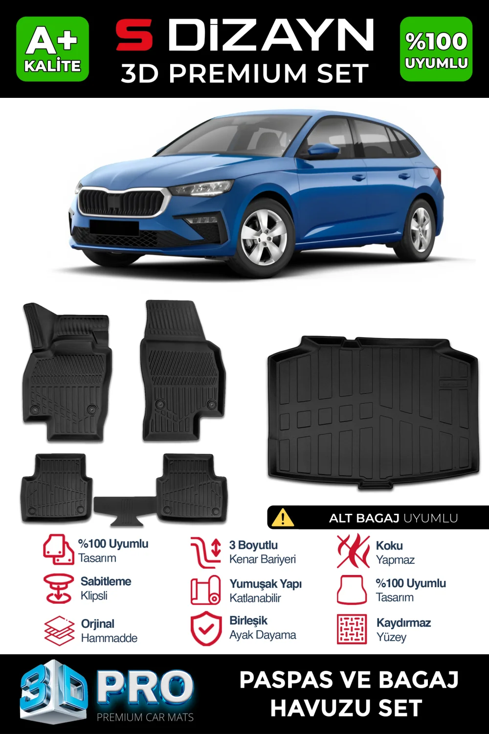 Drs Tuning Skoda Scala 3D Pro Havuzlu Paspas ve Bagaj Havuzu Seti (2'li SET) 2019 Üzeri A+ Kalite