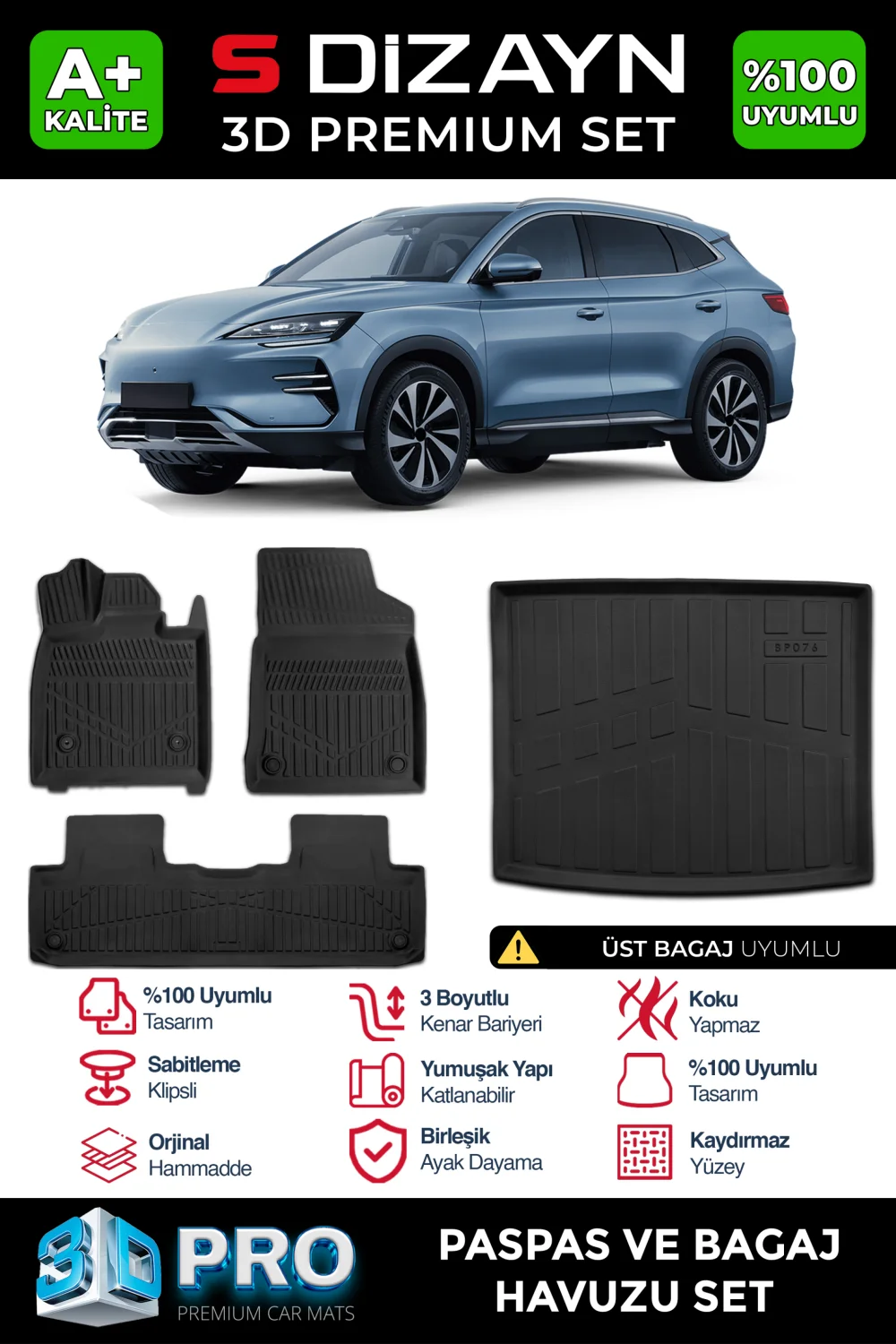 S-Dizayn BYD Seal U3D Pro Havuzlu Paspas ve Bagaj Havuzu Seti (2'li SET) Üst Bagaj 2024 Üzeri A+ Kalite