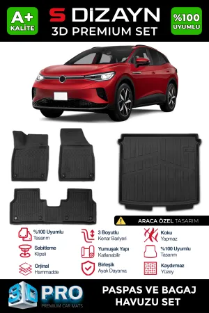 Volkswagen uyumlu VW ID4 3D Pro Paspas ve Bagaj Havuzu (2'li SET) 2024 Üzeri A+ Kalite modelleri DRS Tuning'de. Kaliteli malzeme, hızlı kargo ve güvenli