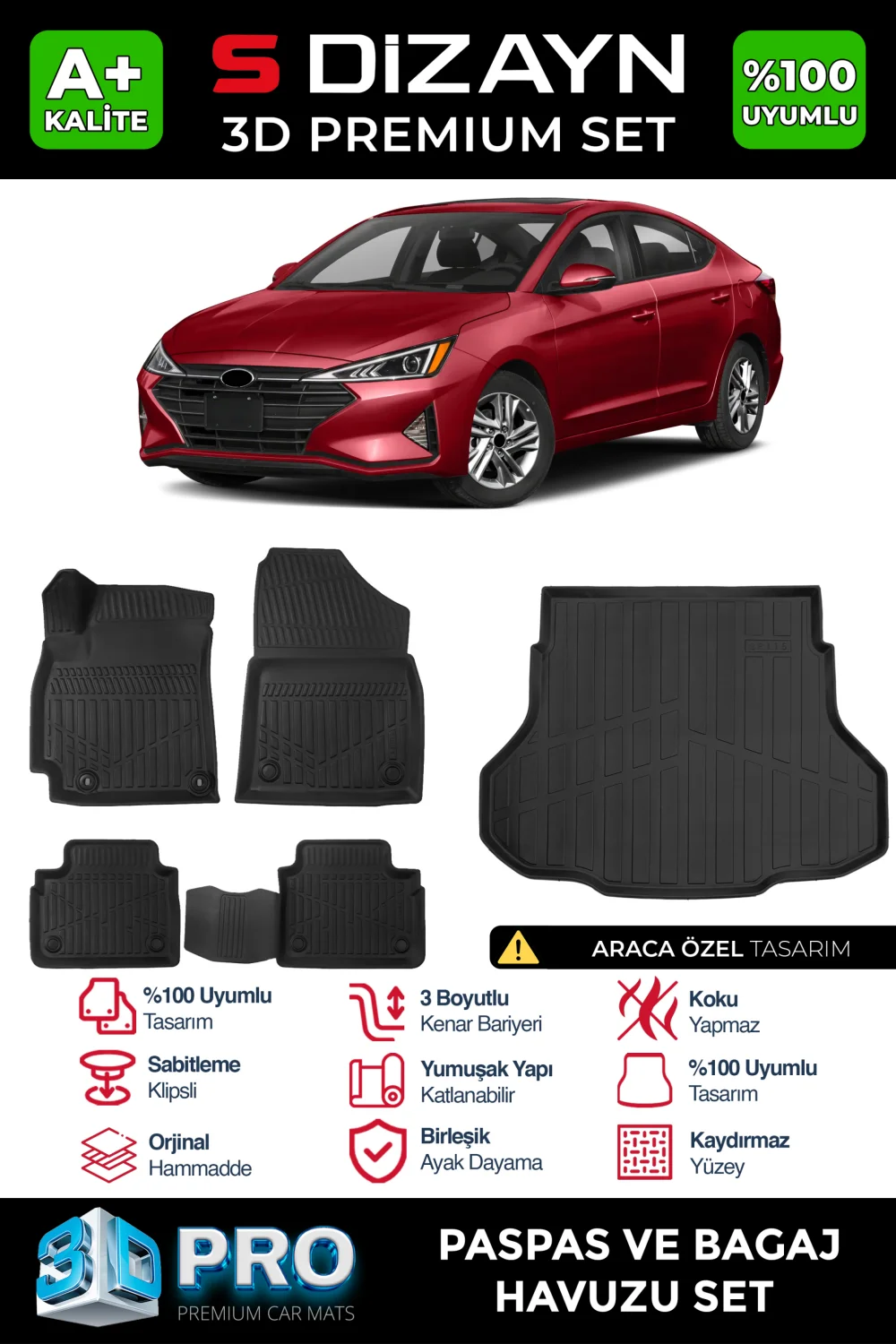 Drs Tuning Hyundai Elantra 3D Pro Havuzlu Paspas ve Bagaj Havuzu Seti (2'li SET) 2020 Üzeri A+ Kalite