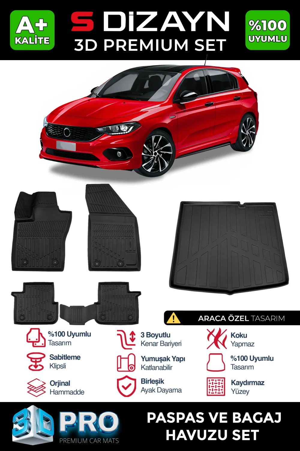 Drs Tuning Fiat Egea HB 3D Pro Havuzlu Paspas ve Bagaj Havuzu Seti (2'li SET) 2015 Üzeri A+ Kalite