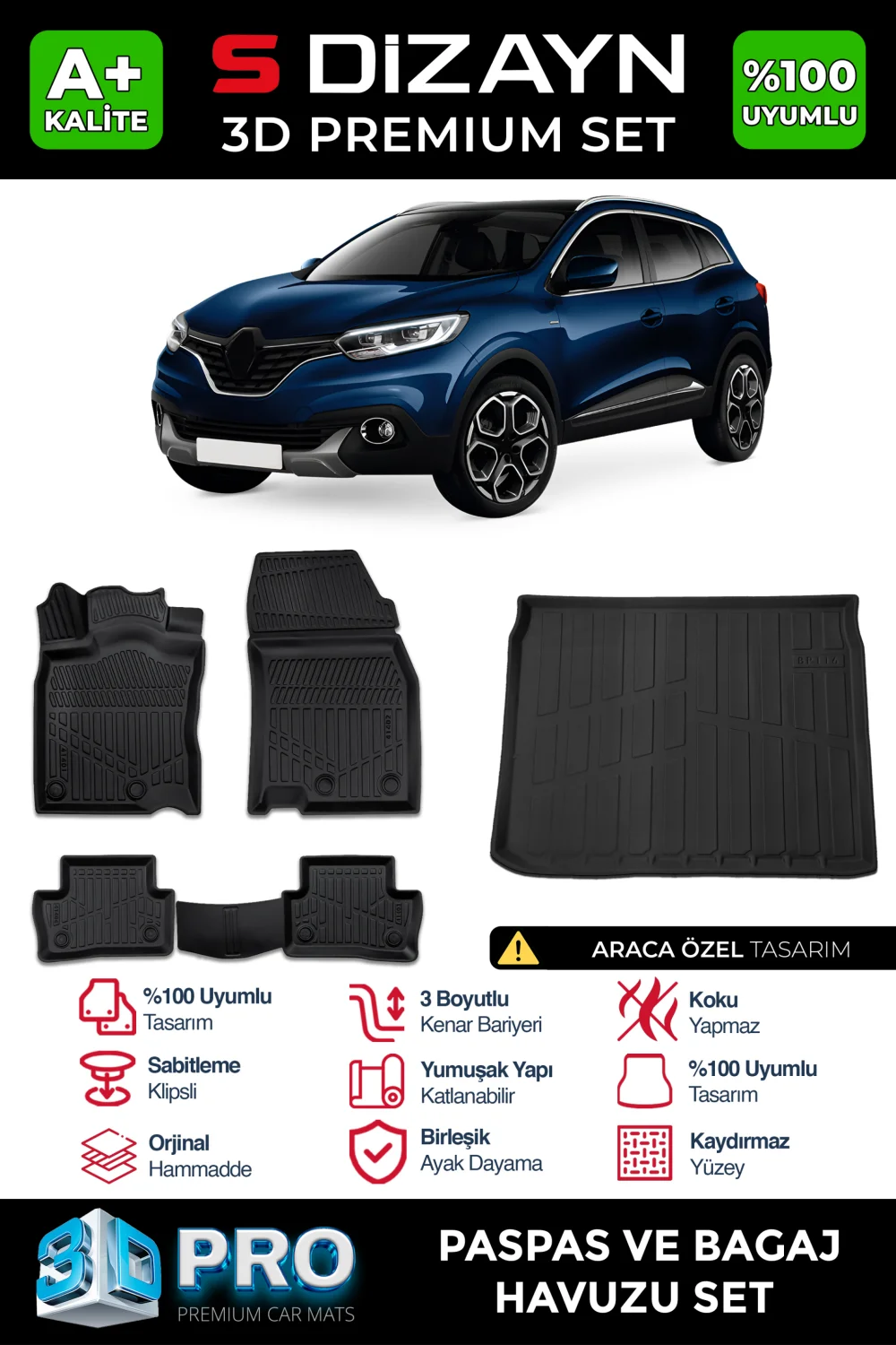 Drs Tuning Renault Kadjar 3D Pro Havuzlu Paspas ve Bagaj Havuzu Seti (2'li SET) 2015 Üzeri A+ Kalite
