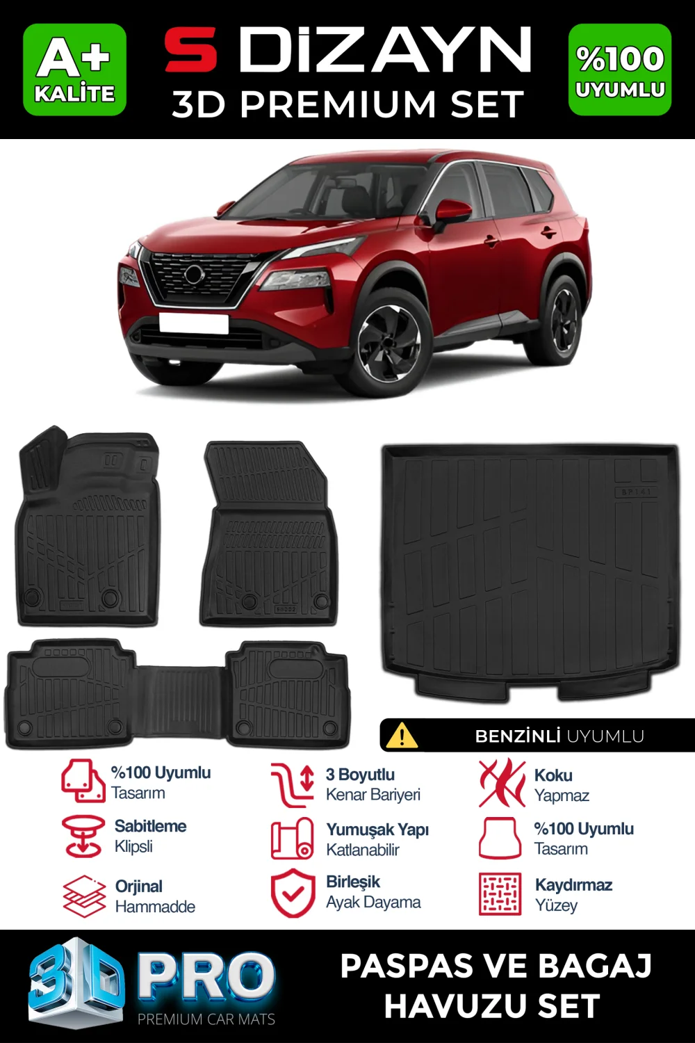 Drs Tuning Nissan X-Trail Benzinli 3D Pro Havuzlu Paspas ve Bagaj Havuzu Seti (2'li SET) 2022 Üzeri A+ Kalite