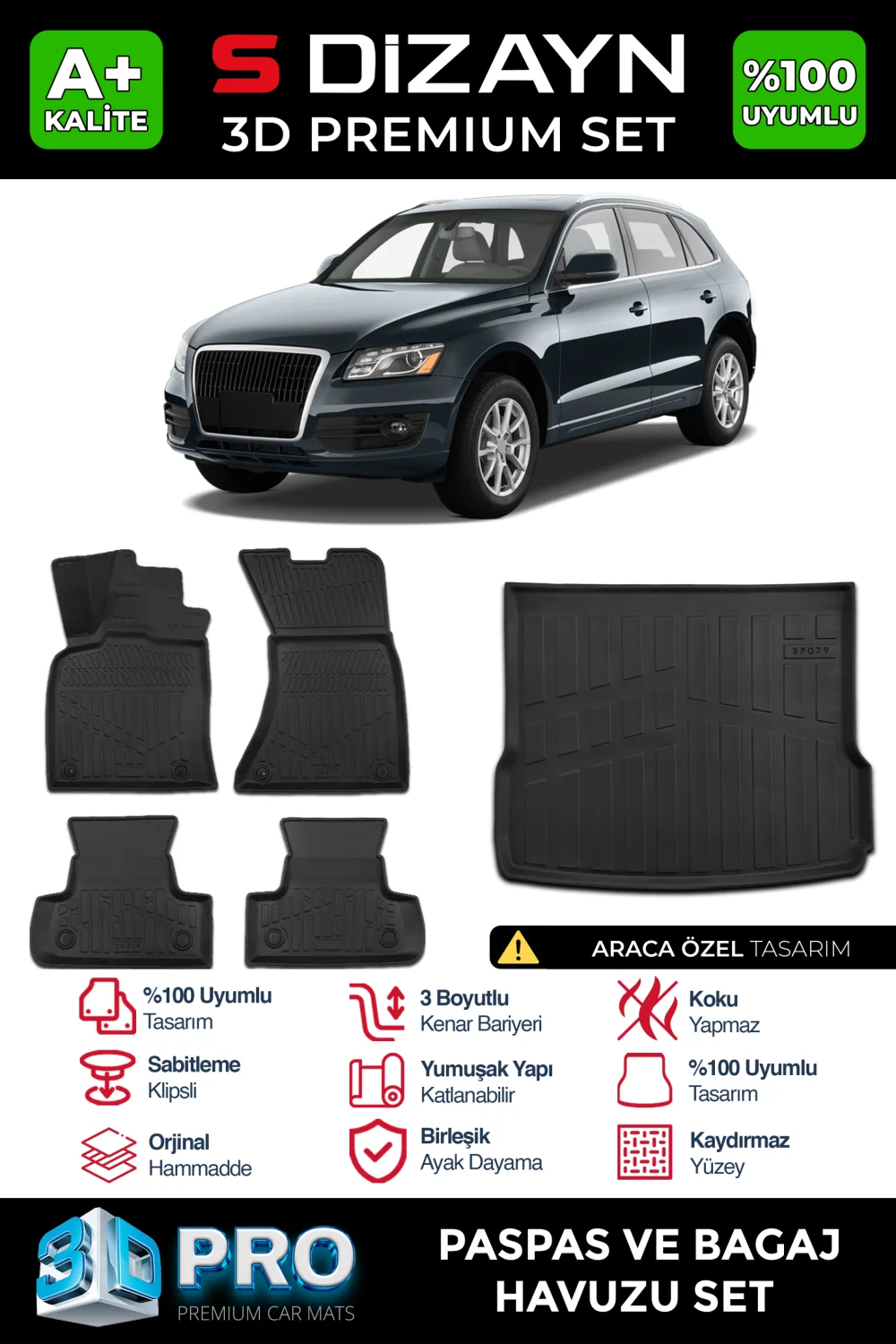 Drs Tuning Audi Q5 3D Pro Havuzlu Paspas ve Bagaj Havuzu Seti (2'li SET) 2009-2017 A+ Kalite