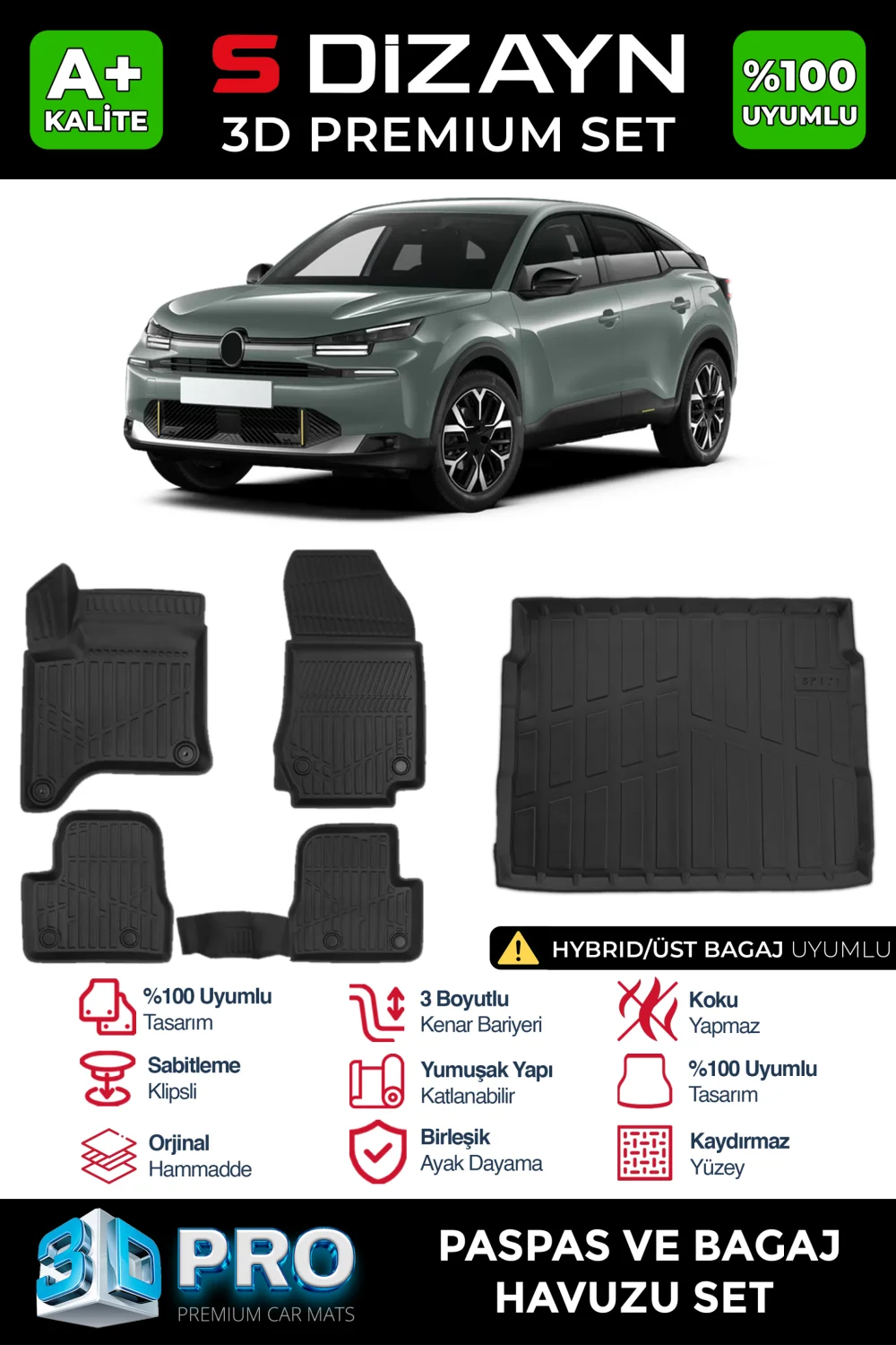 Drs Tuning Citroen C4 Hybrid 3D Pro Havuzlu Paspas ve Üst Bagaj Havuzu Seti (2'li SET) 2025 Üzeri A+ Kalite