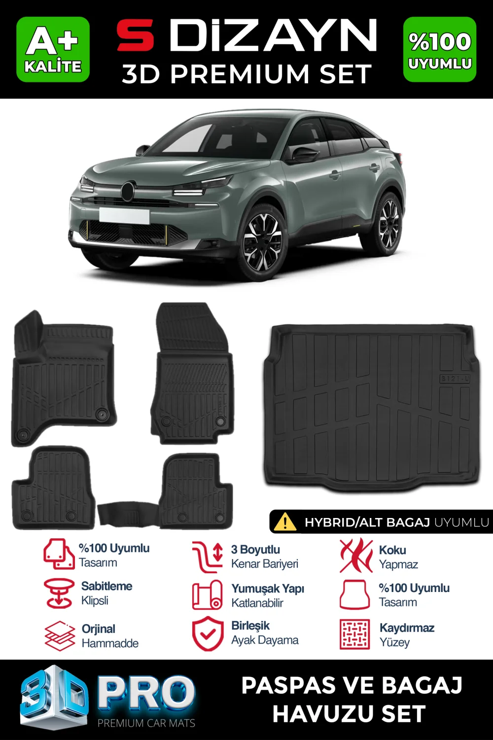 S-Dizayn Citroen C4 Hybrid 3D Pro Havuzlu Paspas ve Alt Bagaj Havuzu Seti (2'li SET) 2025 Üzeri A+ Kalite