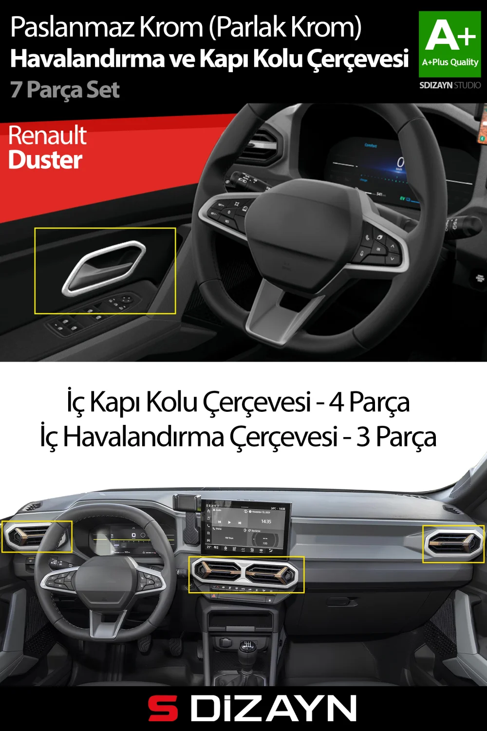 Drs Tuning Renault Duster Krom Havalandırma ve İç Kapı Kolu Çerçevesi 7 Prç. 2024 Üzeri (Parlak Krom) A+ Kalite
