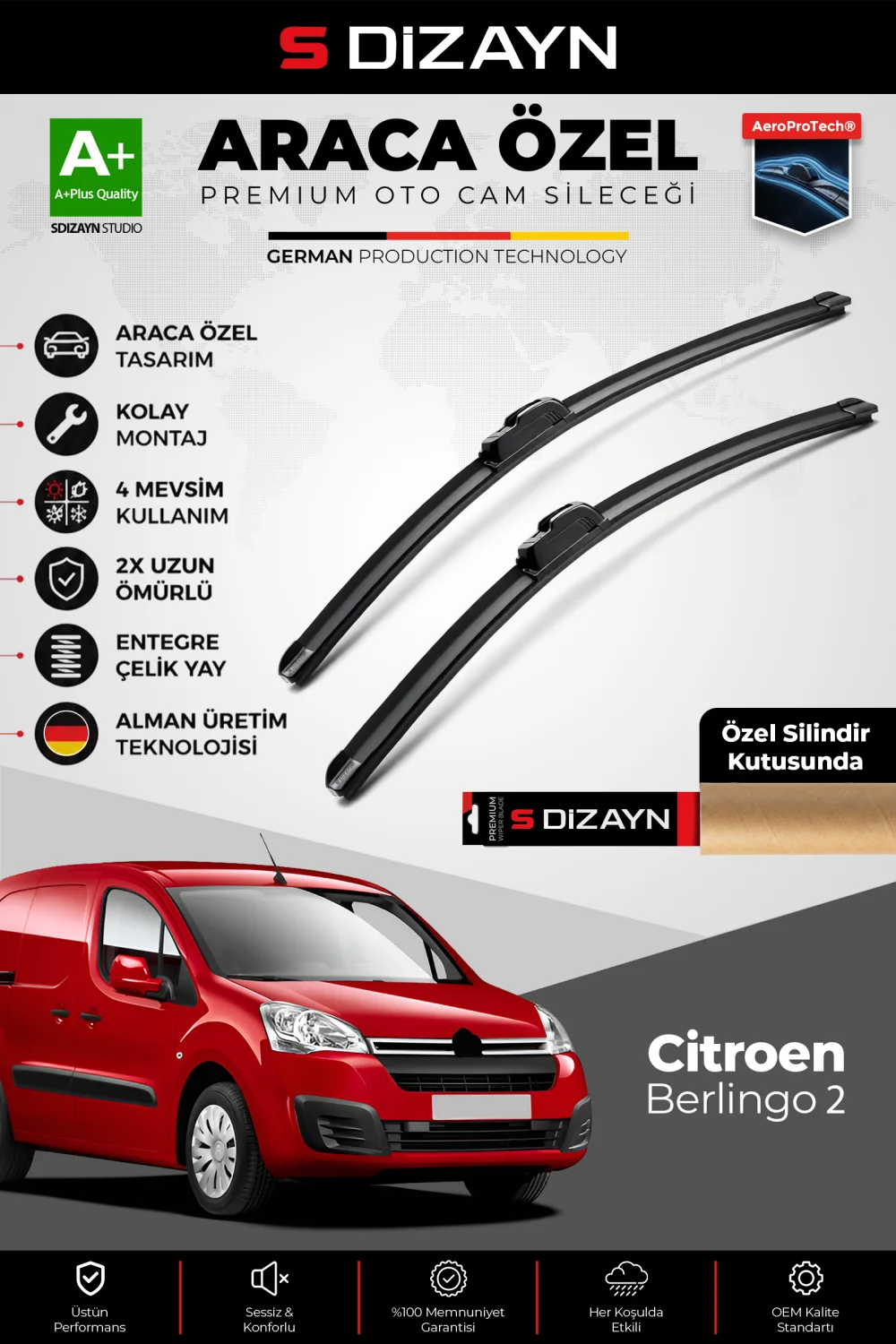 Citroen Berlingo Ön Cam Silecek Seti 2008-2018 Premium Araca Özel 65-38 Cm  A+ Kalite