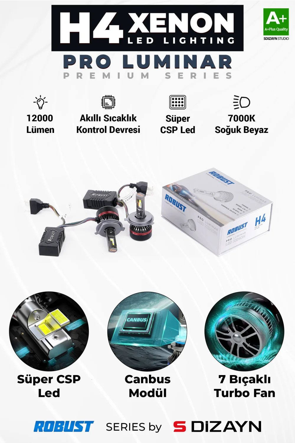 S-Dizayn Pro Luminar H4 Led Xenon / 60W / 12000LM / 7000K A+ Kalite