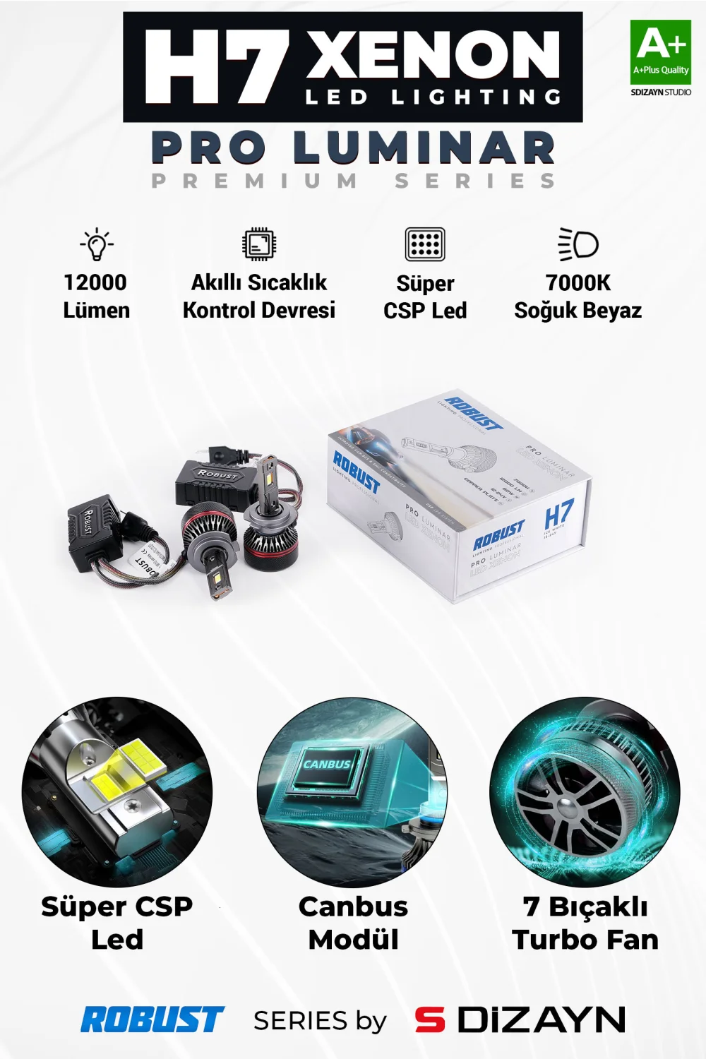 S-Dizayn Pro Luminar H7 Led Xenon / 60W / 12000LM / 7000K A+ Kalite