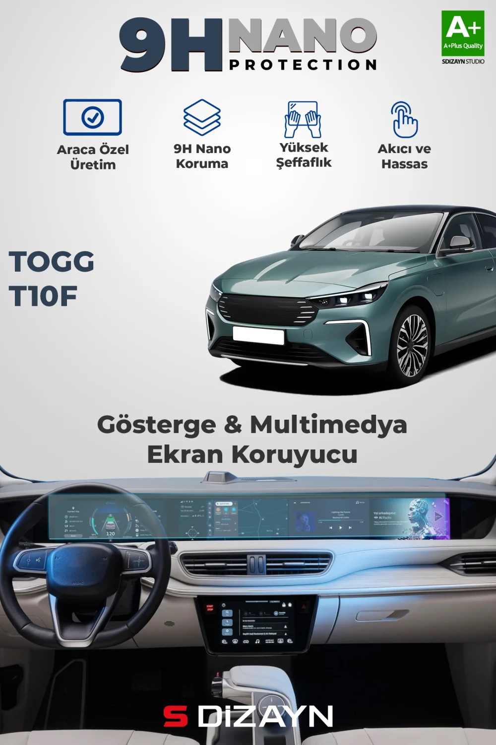 Drs Tuning Togg T10F 9H Nano Gösterge & Multimedya Ekran Koruyucu (PARLAK) 2025 Üzeri A+ Kalite