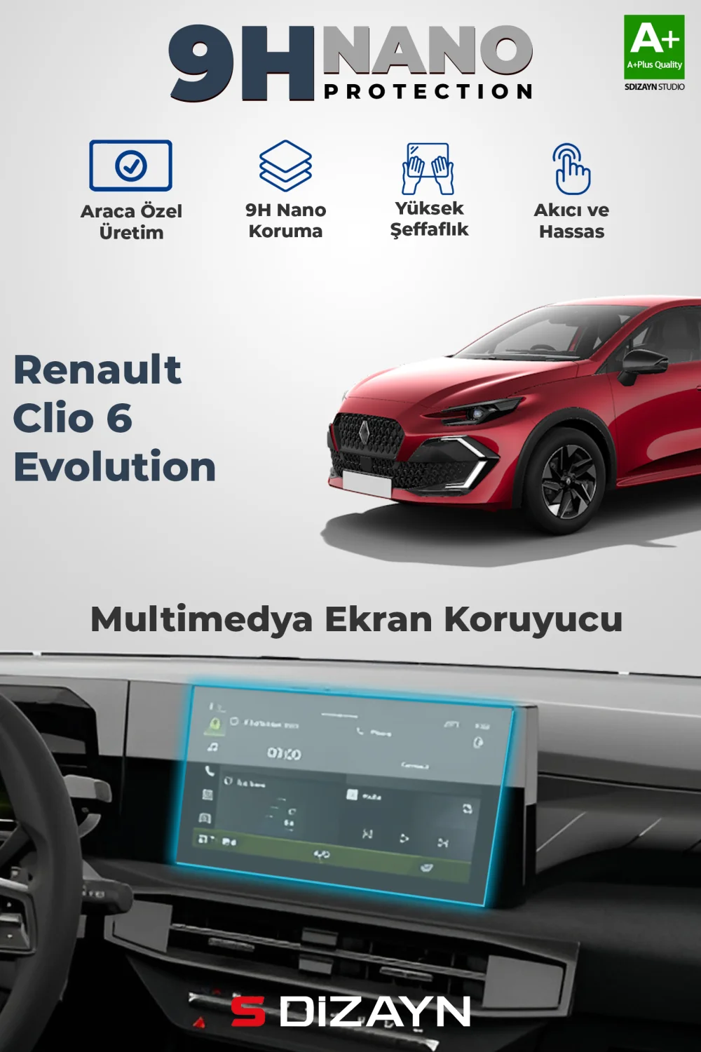 Drs Tuning Renault Clio 6 Evolution 9H Multimedya Ekran Koruyucu (PARLAK) 2026 Üzeri A+ Kalite