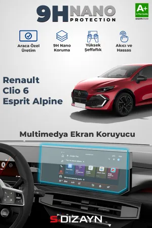 Renault Clio 2023-Günümüz (B7) uyumlu 6 Esprit Alpine 9H Multimedya Ekran Koruyucu (PARLAK) 2026 Üzeri A+ Kalite modelleri DRS Tuning'de. Kaliteli malzeme,