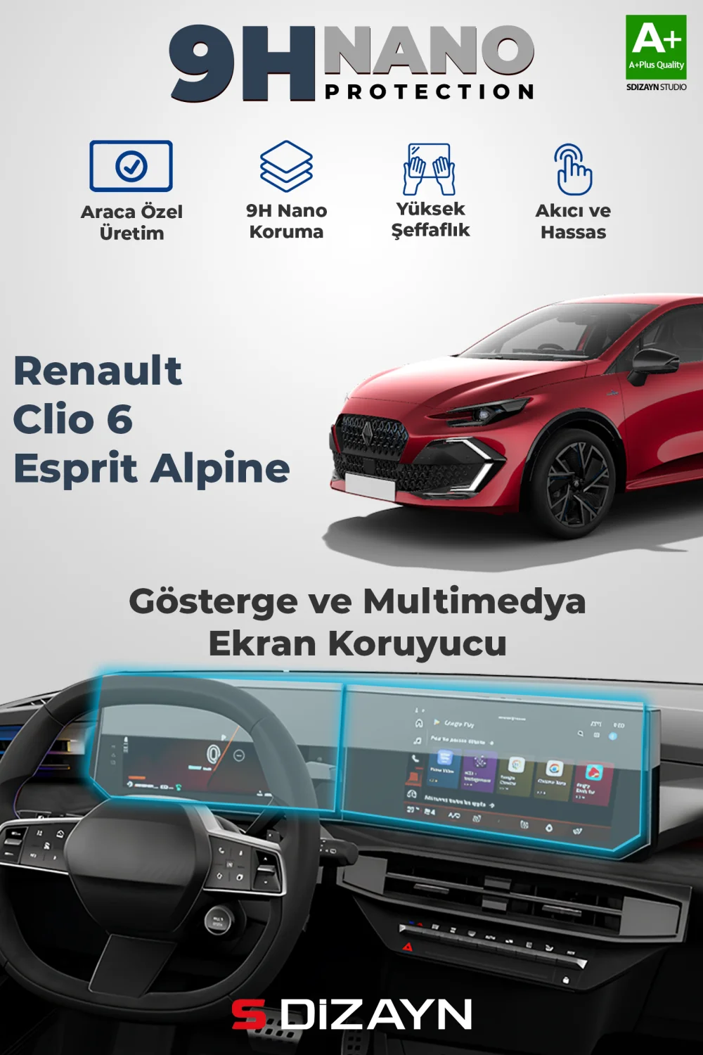 Drs Tuning Renault Clio 6 Esprit Alpine 9H Gösterge ve Multimedya Ekran Koruyucu 2026 Üzeri A+ Kalite