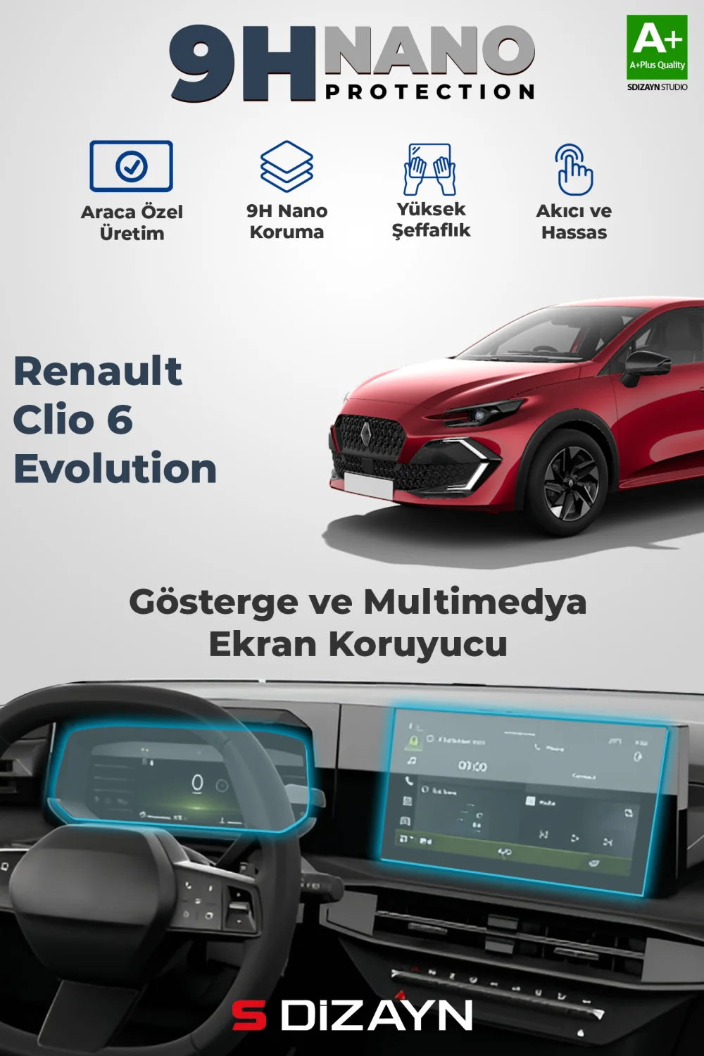 Drs Tuning Renault Clio 6 Evolution 9H Gösterge ve Multimedya Ekran Koruyucu 2026 Üzeri A+ Kalite