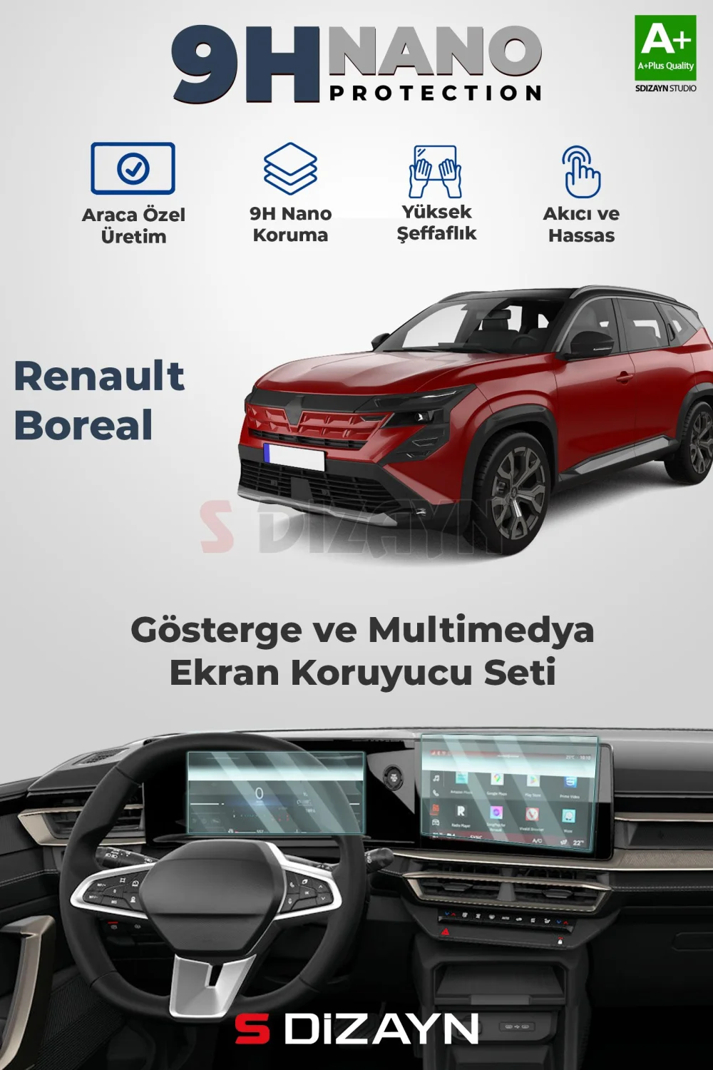 Drs Tuning Renault Boreal Evolution 9H Nano 7 İnç Gösterge ve 10 İnç Multimedya Ekran Koruyucu 2'Li Set (PARLAK) 2025 Üzeri A+ Kalite