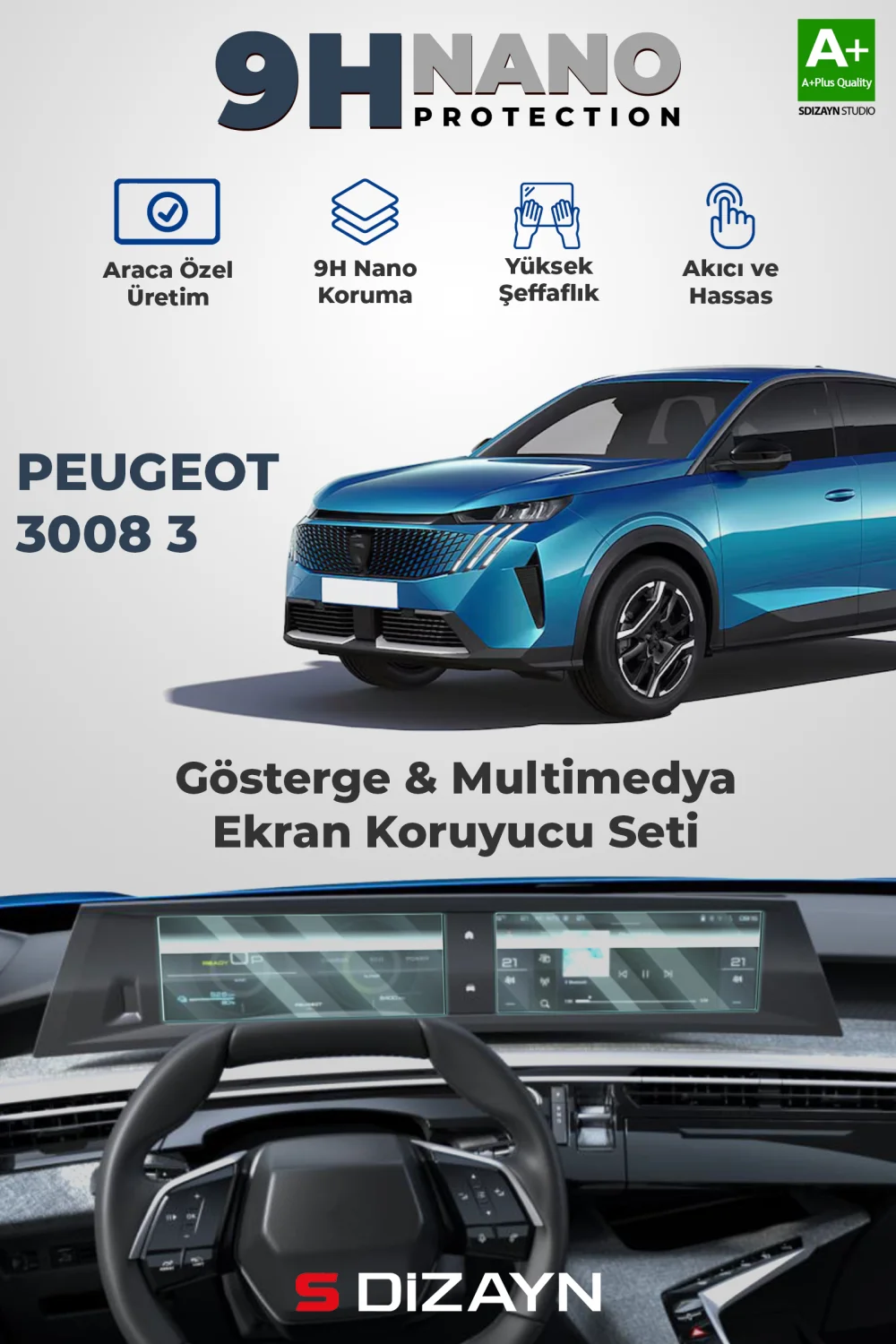 Drs Tuning Peugeot 3008 3 10 İnç 9H Nano Gösterge ve Multimedya Ekran Koruyucu (PARLAK) 2024 Üzeri A+ Kalite