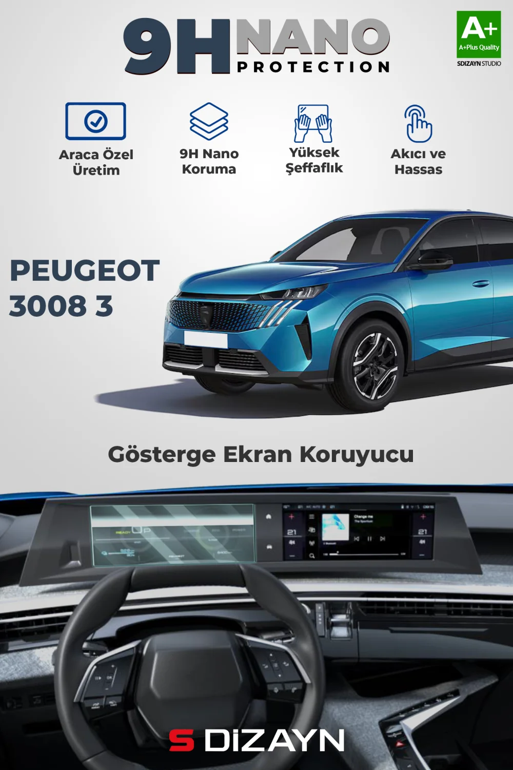 Drs Tuning Peugeot 3008 3 10 İnç 9H Nano Gösterge Ekran Koruyucu (PARLAK) 2024 Üzeri A+ Kalite